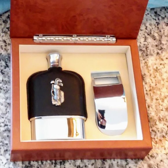 Golf Bag Flask Silver Chrome Leather & in Burl Walnut Box New - Picture 1 of 12